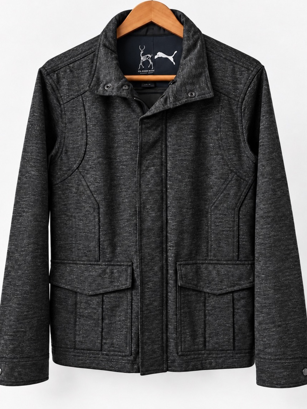 KANE & UNKE JACKET Mens Medium Black Heathered Stand Up Collar Zip & Snap Front